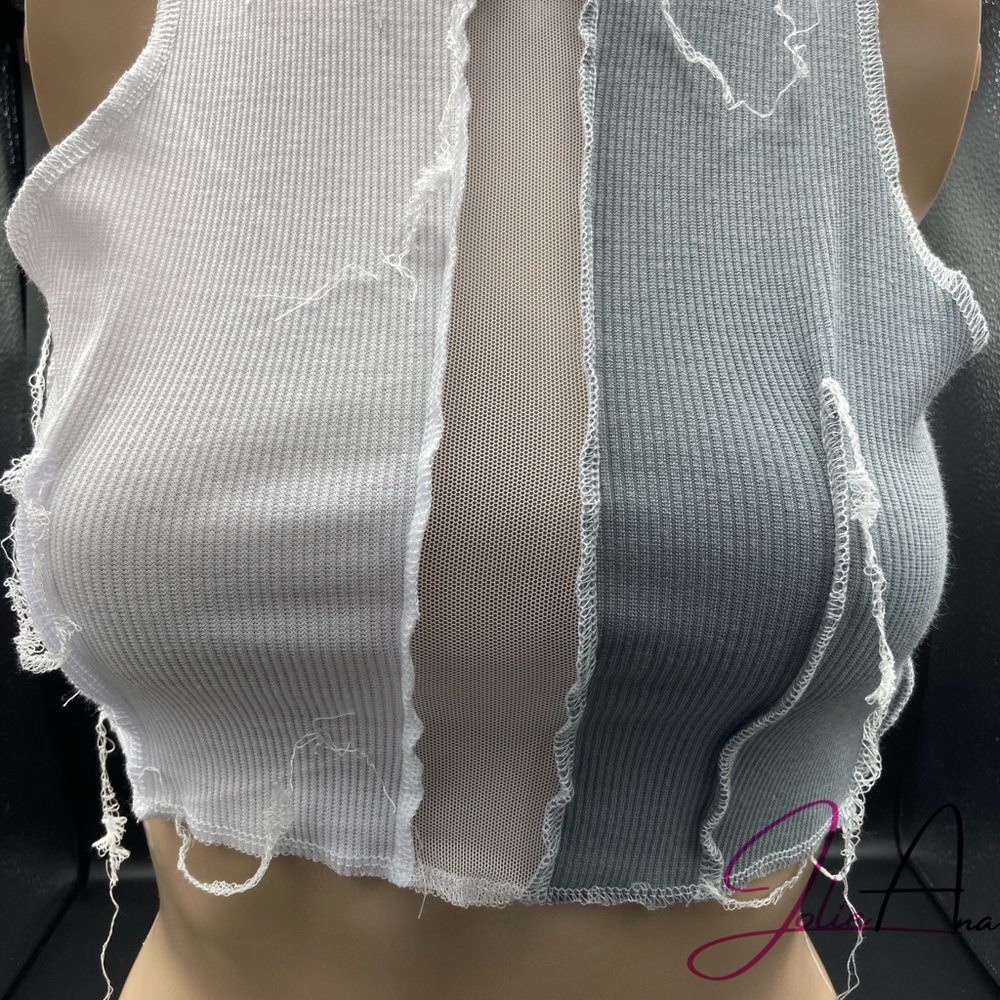Mesh panel reverse stitching two tone tank top